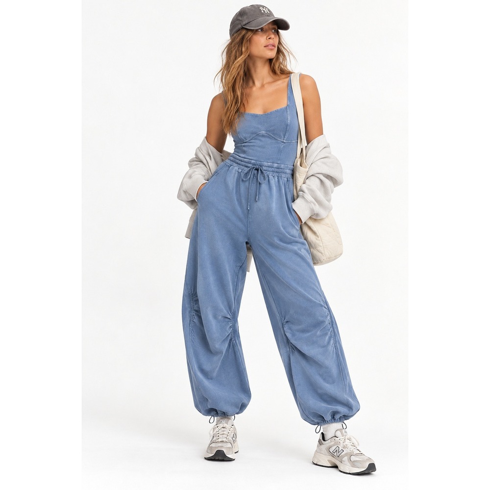 Free People Movement Inbound Jumpsuit Onesie Blue M Balloon Leg Athleisure Comfy